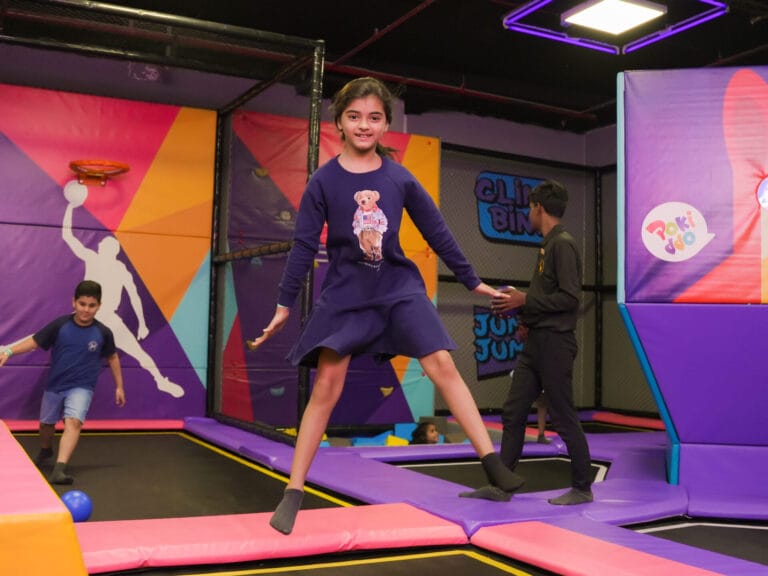 Thrill seekers jumping high at the trampoline park in Thane inside The Game Palacio entertainment hub